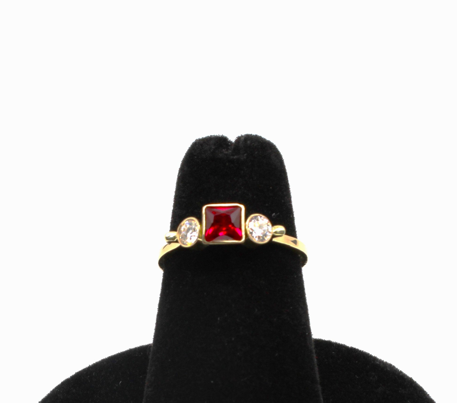 14k Gold Square Ruby and Moissanite Three Stone Ring